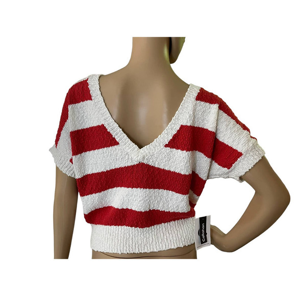 Callahan Revolve Women's‎ V-Back Striped Nubby Cotton Sweater Red White XS New - Picture 6 of 9